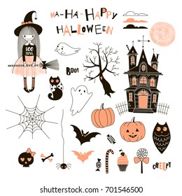 Happy Halloween vector clip arts set with little witch, ghoast, bat, black cat, pumpkin, owl characters,   full moon, cobweb, scull, spider, sweets, Victorian style house, dry tree, creepy quotes. 