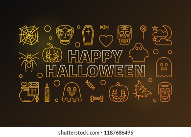 Happy Halloween vector colored horizontal banner or illustration made with funny thin line halloween icons on dark background
