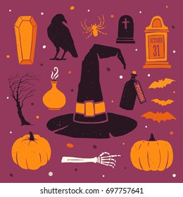 Happy Halloween. Vector colored silhouettes: pumpkin, witch hat, bats, bones and other traditional elements of Halloween. Set of objects for decorating leaflets, posters, greeting cards and banners.