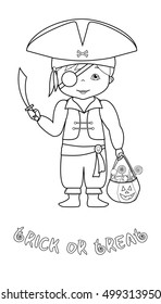 Happy halloween vector coloring page with cute cartoon pirate
