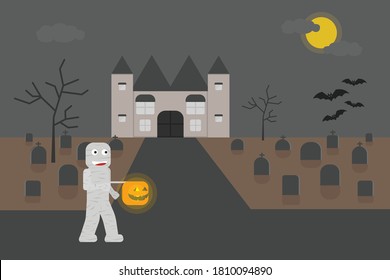 Happy Halloween vector concept: Boy in scary mummy costume walking in the graveyard while carrying pumpkin lantern with haunted castle background at night