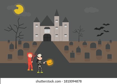 Happy Halloween vector concept: Funny kids in devil and skeleton costume walking in graveyard while carrying pumpkin lantern with castle background at night