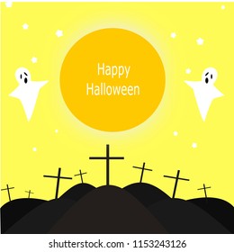 Happy Halloween vector concept on the full moon night with graves and ghosts yellow background