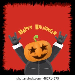 Happy halloween vector creative background. man in halloween costume with pumpkin head rock n roll style greeting card with text. Happy halloween rock concert poster design template.