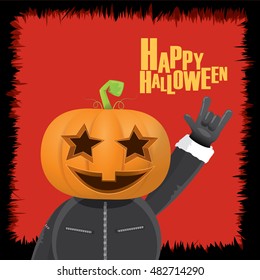 Happy halloween vector creative background. man in halloween costume with pumpkin head rock n roll style greeting card with text. Happy halloween rock concert poster design template.