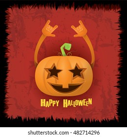 Happy halloween vector creative background. pumpkin rock n roll style halloween greeting card with text. Happy halloween rock concert poster design template or greeting card