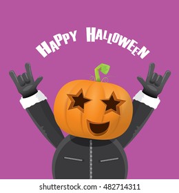 Happy halloween vector creative background. man in halloween costume with pumpkin head rock n roll style greeting card with text. Happy halloween rock concert poster design template.