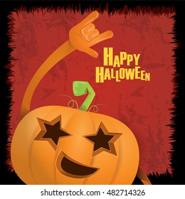 Happy halloween vector creative background. pumpkin rock n roll style halloween greeting card with text. Happy halloween rock concert poster design template or greeting card