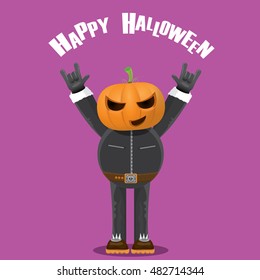 Happy halloween vector creative background. man in halloween costume with pumpkin head rock n roll style greeting card with text. Happy halloween rock concert poster design template.