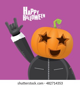 Happy halloween vector creative background. man in halloween costume with pumpkin head rock n roll style greeting card with text. Happy halloween rock concert poster design template.