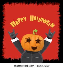 Happy halloween vector creative background. man in halloween costume with pumpkin head rock n roll style greeting card with text. Happy halloween rock concert poster design template.