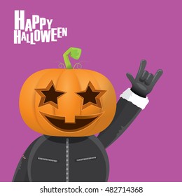 Happy halloween vector creative background. man in halloween costume with pumpkin head rock n roll style greeting card with text. Happy halloween rock concert poster design template.