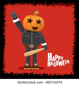 Happy halloween vector creative background. man in halloween costume with pumpkin head rock n roll style greeting card with text. Happy halloween rock concert poster design template.