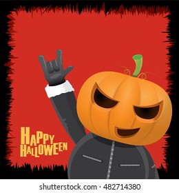 Happy halloween vector creative background. man in halloween costume with pumpkin head rock n roll style greeting card with text. Happy halloween rock concert poster design template.