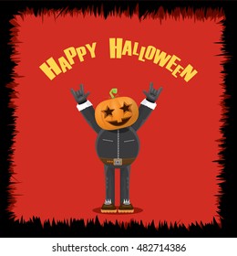 Happy halloween vector creative background. man in halloween costume with pumpkin head rock n roll style greeting card with text. Happy halloween rock concert poster design template.