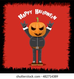 Happy halloween vector creative background. man in halloween costume with pumpkin head rock n roll style greeting card with text. Happy halloween rock concert poster design template.