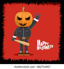 Happy halloween vector creative background. man in halloween costume with pumpkin head rock n roll style greeting card with text. Happy halloween rock concert poster design template.