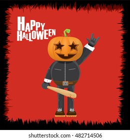 Happy halloween vector creative background. man in halloween costume with pumpkin head rock n roll style greeting card with text. Happy halloween rock concert poster design template.