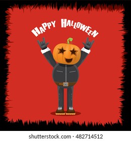 Happy halloween vector creative background. man in halloween costume with pumpkin head rock n roll style greeting card with text. Happy halloween rock concert poster design template.