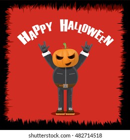 Happy halloween vector creative background. man in halloween costume with pumpkin head rock n roll style greeting card with text. Happy halloween rock concert poster design template.