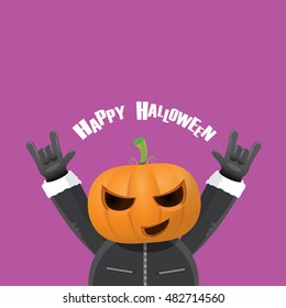 Happy halloween vector creative background. man in halloween costume with pumpkin head rock n roll style greeting card with text. Happy halloween rock concert poster design template.