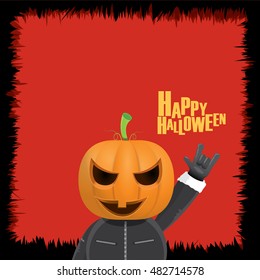 Happy halloween vector creative background. man in halloween costume with pumpkin head rock n roll style greeting card with text. Happy halloween rock concert poster design template.