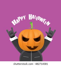 Happy halloween vector creative background. man in halloween costume with pumpkin head rock n roll style greeting card with text. Happy halloween rock concert poster design template.