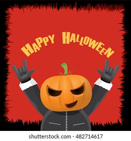Happy halloween vector creative background. man in halloween costume with pumpkin head rock n roll style greeting card with text. Happy halloween rock concert poster design template.