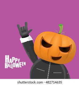 Happy halloween vector creative background. man in halloween costume with pumpkin head rock n roll style greeting card with text. Happy halloween rock concert poster design template.