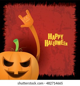 Happy halloween vector creative background. pumpkin rock n roll style halloween greeting card with text. Happy halloween rock concert poster design template or greeting card