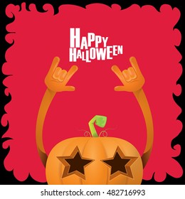 Happy halloween vector creative background. pumpkin rock n roll style halloween greeting card with text. Happy halloween rock concert poster design template or greeting card