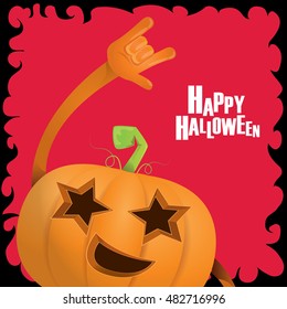 Happy halloween vector creative background. pumpkin rock n roll style halloween greeting card with text. Happy halloween rock concert poster design template or greeting card