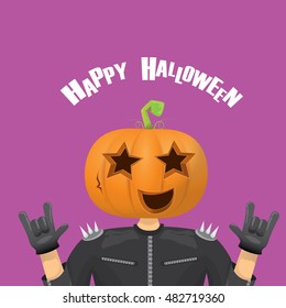 Happy halloween vector creative background. man in halloween costume with pumpkin head rock n roll style halloween greeting card with text. Happy halloween rock concert poster design template.