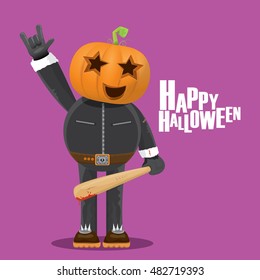 Happy halloween vector creative background. man in halloween costume with pumpkin head rock n roll style halloween greeting card with text. Happy halloween rock concert poster design template.