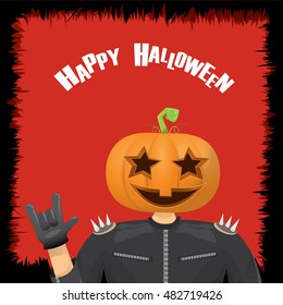 Happy halloween vector creative background. man in halloween costume with pumpkin head rock n roll style halloween greeting card with text. Happy halloween rock concert poster design template.