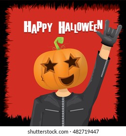 Happy halloween vector creative background. man in halloween costume with pumpkin head rock n roll style halloween greeting card with text. Happy halloween rock concert poster design template.