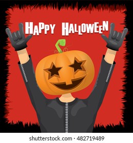 Happy halloween vector creative background. man in halloween costume with pumpkin head rock n roll style halloween greeting card with text. Happy halloween rock concert poster design template.