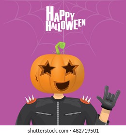 Happy halloween vector creative background. man in halloween costume with pumpkin head rock n roll style halloween greeting card with text. Happy halloween rock concert poster design template.