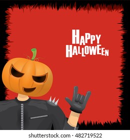 Happy halloween vector creative background. man in halloween costume with pumpkin head rock n roll style halloween greeting card with text. Happy halloween rock concert poster design template.