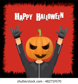 Happy halloween vector creative background. man in halloween costume with pumpkin head rock n roll style halloween greeting card with text. Happy halloween rock concert poster design template.
