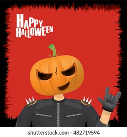 Happy halloween vector creative background. man in halloween costume with pumpkin head rock n roll style halloween greeting card with text. Happy halloween rock concert poster design template.