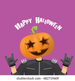 Happy halloween vector creative background. man in halloween costume with pumpkin head rock n roll style halloween greeting card with text. Happy halloween rock concert poster design template.