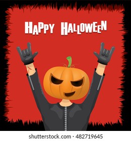 Happy halloween vector creative background. man in halloween costume with pumpkin head rock n roll style halloween greeting card with text. Happy halloween rock concert poster design template.