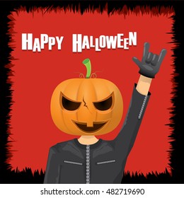 Happy halloween vector creative background. man in halloween costume with pumpkin head rock n roll style halloween greeting card with text. Happy halloween rock concert poster design template.