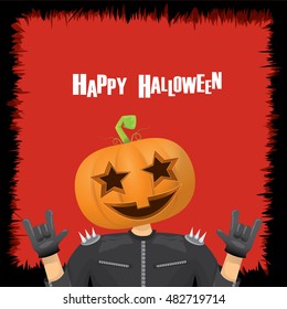 Happy halloween vector creative background. man in halloween costume with pumpkin head rock n roll style halloween greeting card with text. Happy halloween rock concert poster design template.