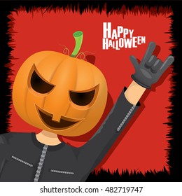 Happy halloween vector creative background. man in halloween costume with pumpkin head rock n roll style halloween greeting card with text. Happy halloween rock concert poster design template.