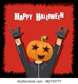 Happy halloween vector creative background. man in halloween costume with pumpkin head rock n roll style halloween greeting card with text. Happy halloween rock concert poster design template.