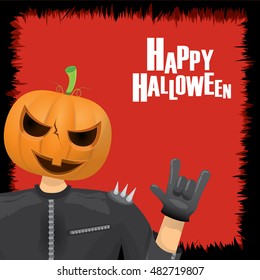 Happy halloween vector creative background. man in halloween costume with pumpkin head rock n roll style halloween greeting card with text. Happy halloween rock concert poster design template.