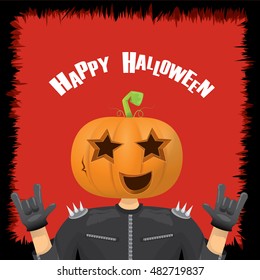Happy halloween vector creative background. man in halloween costume with pumpkin head rock n roll style halloween greeting card with text. Happy halloween rock concert poster design template.