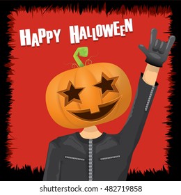 Happy halloween vector creative background. man in halloween costume with pumpkin head rock n roll style halloween greeting card with text. Happy halloween rock concert poster design template.